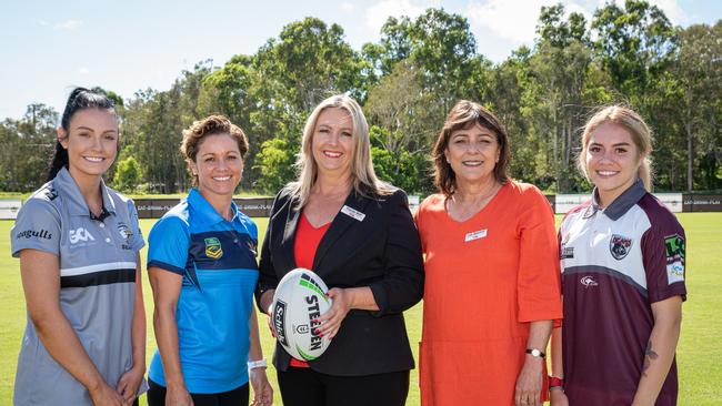 Tweed Seagulls player Olivia Attenborough-Doyle, Gold Coast Titans touch football coach Renee Murphy, Labor candidate for Moncrieff Tracey Bell, Labor candidate for Fadden Luz Stanton and Burleigh Bears player Akayla McQuire. Picture: Gold Coast Titans