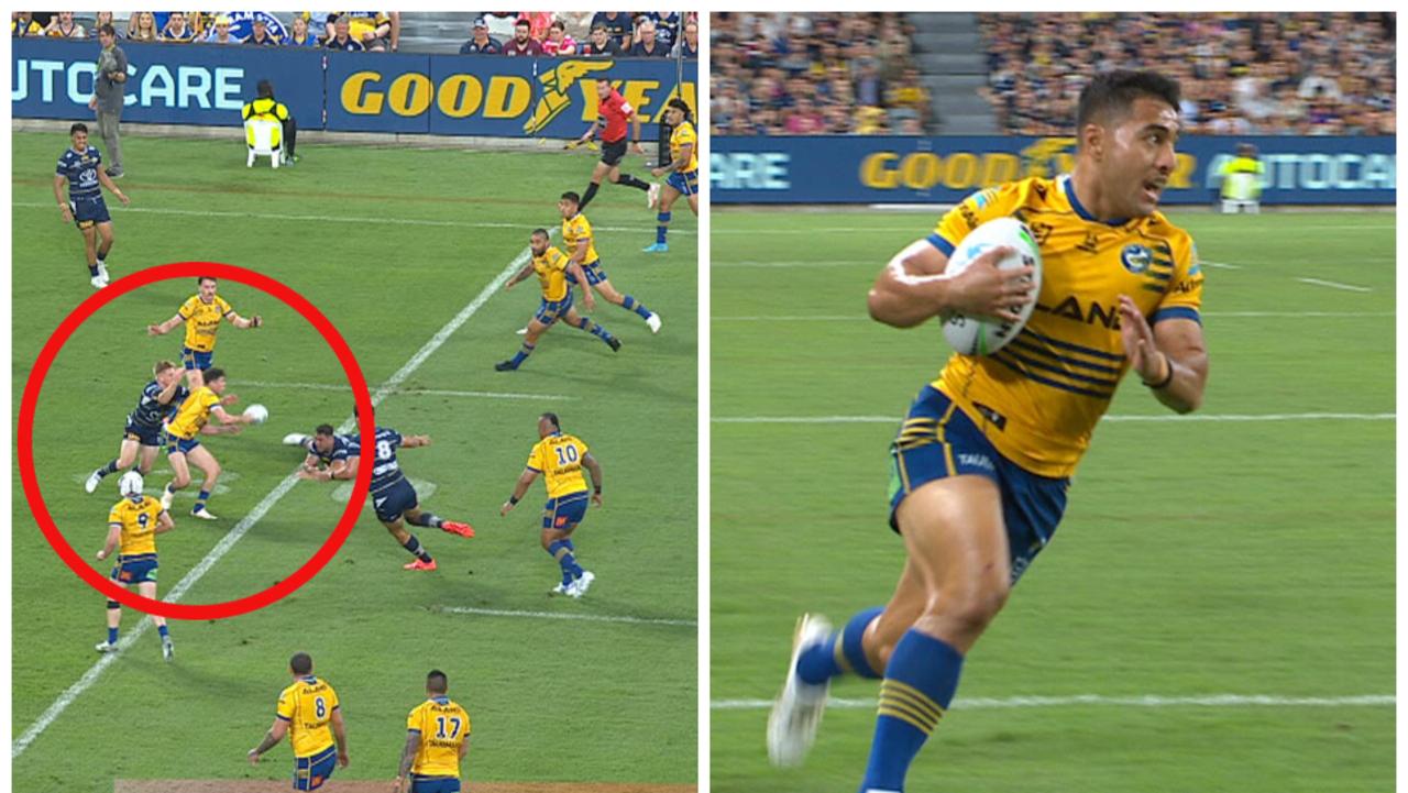 NRL FINALS Parramatta Eels forward pass, Mitchell Moses pass, Will Penisini try, Eels open the scoring, North Queensland Cowboys, sin bin, try