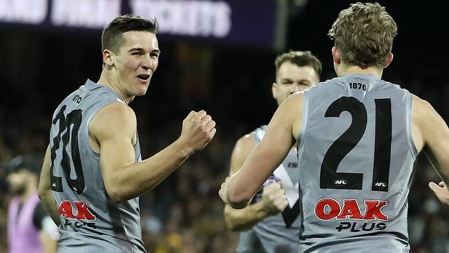 Young gun Connor Rozee, pictured celebrating one of his two Showdown goals, is set to be rewarded with a Port Adelaide contract extension. Picture: Sarah Reed