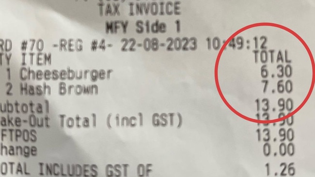 The customer was charged $3.80 for a single hash brown. Picture: Supplied