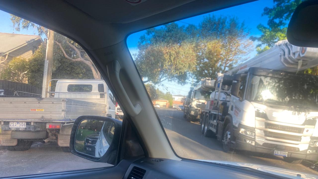 Trucks parked in Kooyong Rd are blocking driveways and decreasing visibility dramatically. Picture: Edwina Hall.