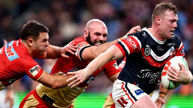 SYDNEY, AUSTRALIA - AUGUST 12: Drew Hutchison of the Roosters celebrates scoring a try during the round 24 NRL match between Sydney Roosters and Dolphins at Allianz Stadium on August 12, 2023 in Sydney, Australia. (Photo by Jeremy Ng/Getty Images)