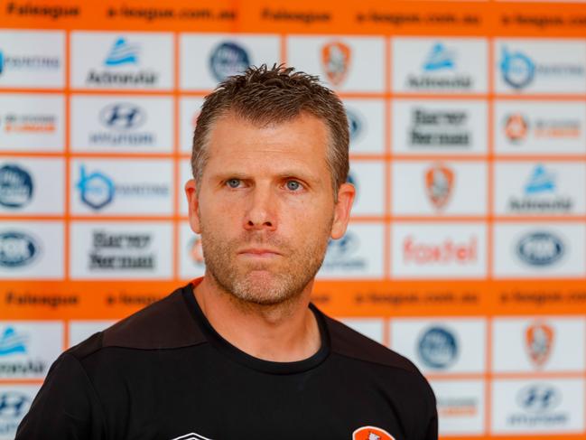 Brisbane Roar interim coach Darren Davies is seen speaking to media before a team training session at Logan Metro Sports Park, Brisbane, Thursday, January 10, 2019. (AAP Image/Glenn Hunt) NO ARCHIVING