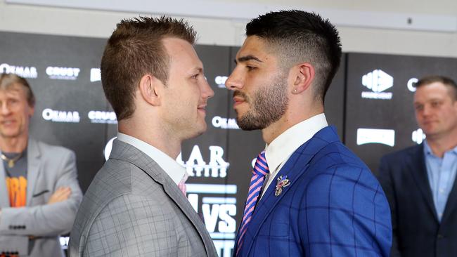 Jeff Horn and Michael Zerafa face off in Brisbane. Picture: AAP