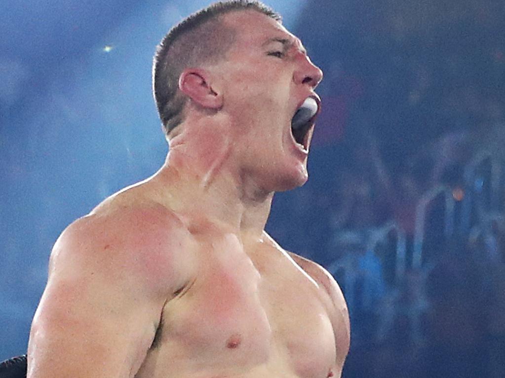 Paul Gallen celebrates defeating Lucas Browne by TKO during their bout at WIN Entertainment Centre. (Photo by Mark Metcalfe/Getty Images)