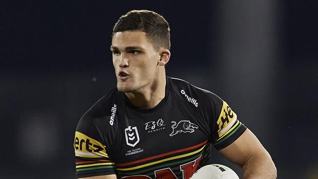 SYDNEY, AUSTRALIA - AUGUST 29: Nathan Cleary of the Panthers passes the ball during the round 16 NRL match between the Panthers and the Wests Tigers at Panthers Stadium on August 29, 2020 in Penrith, Australia. (Photo by Brett Hemmings/Getty Images)