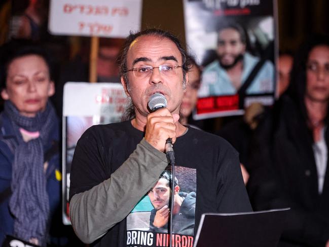 Yehuda Cohen, father of Israeli hostage Nimrod Cohen, speaks to reporters during a rally calling for action to secure the release of Israeli hostages held captive since October 7 2023. Picture: Jack Guez/AFP