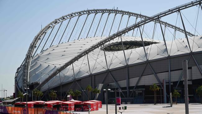 Budweiser beer kiosks remained standing outside the Khalifa International Stadium in Doha. Picture: AFP