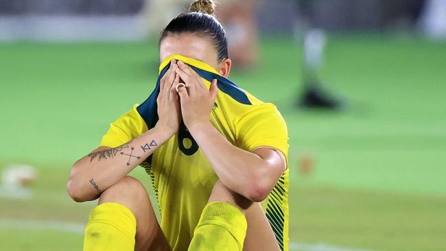 Chloe Logarzo react after losing the Women's Football Semi-Final between Australia and Sweden at the International Stadium Yokohama at the 2020 Tokyo Olympics. Picture: Adam Head