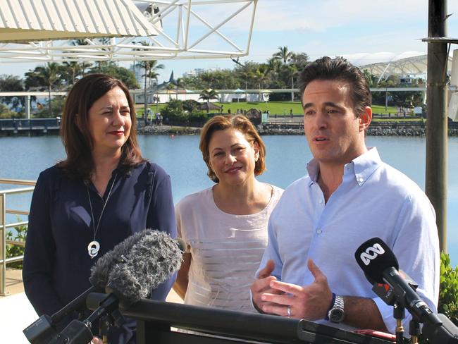 Village Roadshow Theme Parks chief executive Clark Kirby speaks alongside Queensland Premier Annastacia Palaszczuk and Deputy Premier Jackie Trad at Sea World on Saturday.