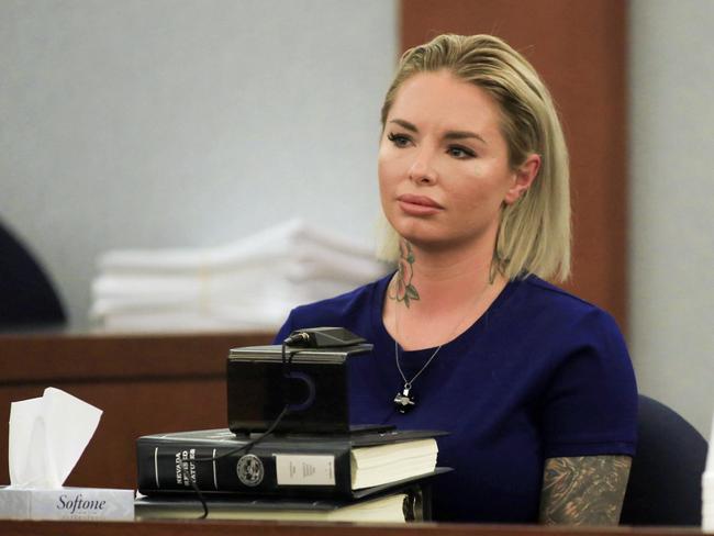 Christine Mackinday (aka Christy Mack) gives her testimony during the trial of her ex-boyfriend, MMA fighter, War Machine. Picture: Brett Le Blanc/Las Vegas Review-Journal via AP