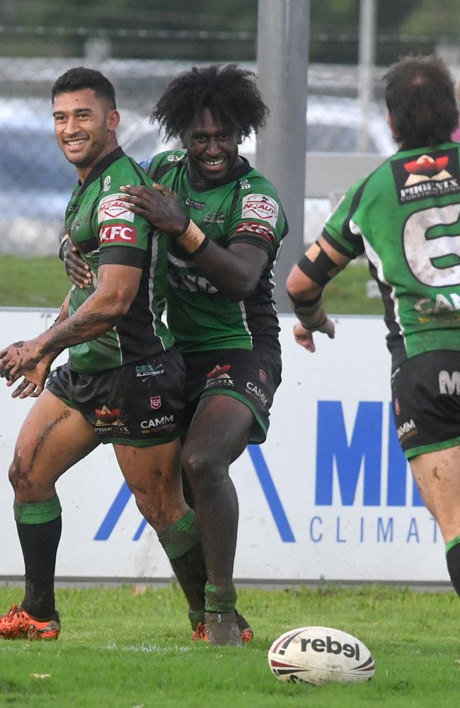 Townsville Blackhawks against Central Coast Capras at Jack Manski Oval. Blackhawks Bailey Biondi-Odo celebrates try with Dudley Dotoi. Picture: Evan Morgan