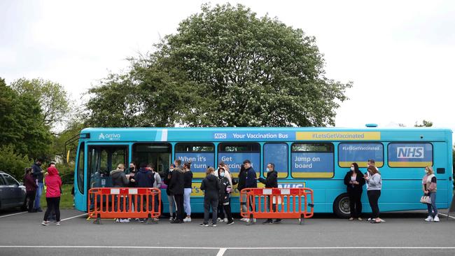 A vaccination centre was set up on a bus ahead of a soccer match in Liverpool, England, on May 23. Picture: AFP