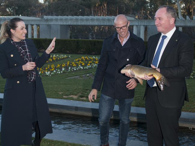 Former media adviser Vikki Campion with Barnaby Joyce and Matt Barwick (centre), the National Carp Control Plan co-ordinator June 1, 2017. Picture: Tom Chesson