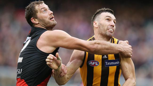 Ruckmen Tom Bellchambers and Jon Ceglar battle for front position. Picture: Michael Klein.