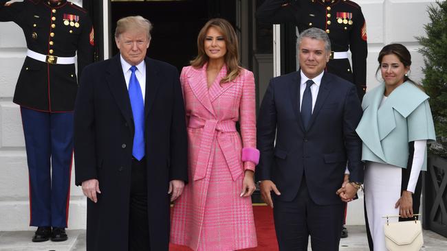 Donald and Melania Trump with Colombian President Ivan Duque and his wife Maria Juliana Ruiz Sandoval at the White House yesterday. Picture: AFP