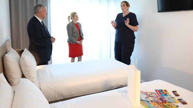 Nurse Unit Manager Nikki Clark, Deputy Chief Public Health Officer Dr Emily Kirkpatrick and Health Minister Stephen Wade inspect one of the family rooms. Picture: Dean Martin