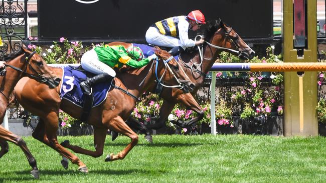 Krementz (inside, red cap) wins at Flemington in January. She looks very well placed at Ballarat on Tuesday. Picture: Pat Scala / Racing Photos