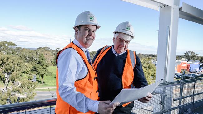 Playford mayor Glenn Docherty and suspended chief executive Dr Mal Hemmerling in a new carpark at Elizabeth. Picture: Morgan Sette/AAP