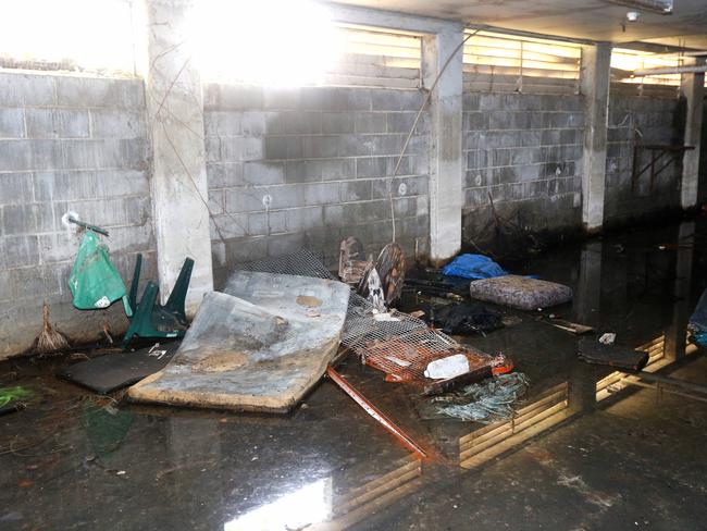 The conditions in which our City's’s homeless survive. A homeless lair that is an old underground carpark in the basement of an abandoned building on corner of Markwell Ave and Gold coast high way. Picture Mike Batterham