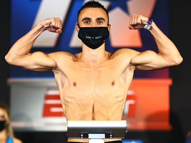 A supplied image obtained on Thursday, June 25, 2020, shows Australia's Jason Moloney after weighing in at MGM Grand casino, Las Vegas, USA. (AAP Image/Supplied by Top Rank, Mikey Williams) NO ARCHIVING, EDITORIAL USE ONLY