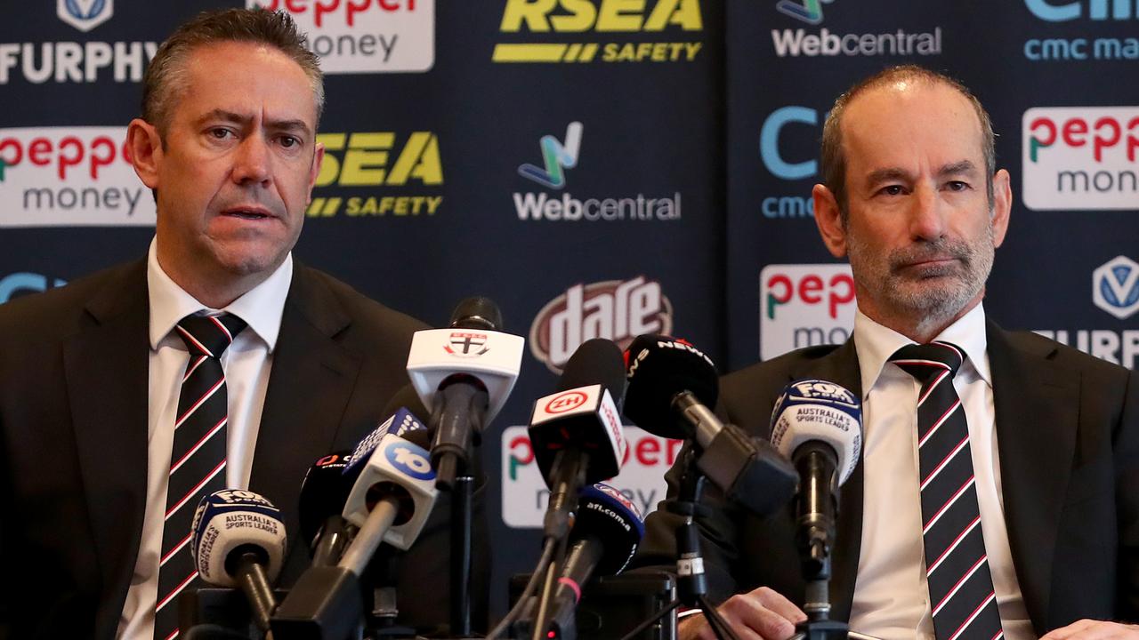 MELBOURNE, AUSTRALIA - OCTOBER 14: Simon Lethlean, Chief Executive Officer and Andrew Bassat, President speak to the media during a St Kilda Saints AFL press conference at RSEA Park on October 14, 2022 in Melbourne, Australia. (Photo by Kelly Defina/Getty Images)