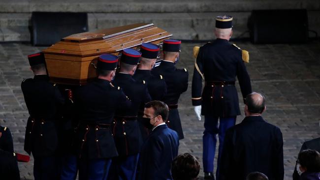 French Republican guards carry Samuel Paty's coffin at the Sorbonne on Wednesday. Picture: AFP