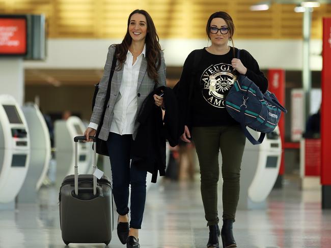 Sarah Alam and Kristen Paull pictured before their Qantas flight at Sydney domestic airport. Picture: Sam Ruttyn