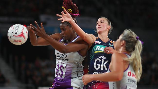 Emily Mannix of the Vixens, centre, started life as a goal shooter but has made her name in defence. Picture: Getty Images