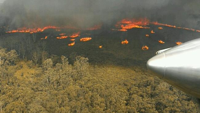 An aerial image of bushfires at Cabbage Tree Creek, East Gippsland on Sunday. Picture: DELWP Gippsland