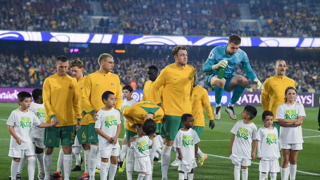 Goalkeeper Joe Gauci (back, second from right) is on high after starting for the Socceroos in Adelaide against China. Picture: Mark Brake/Getty Images