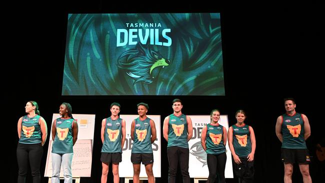 The AFL unviles the new Tasmania Devils jersey.