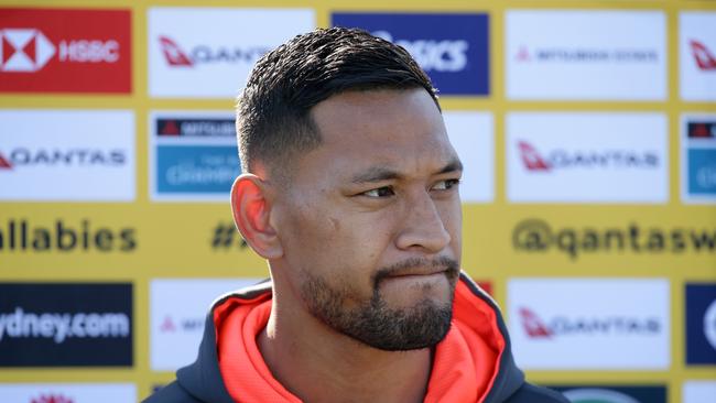 Israel Folau speaking to the media before Wallabies rugby training at Sydney Olympic Park. Picture: Jonathan Ng