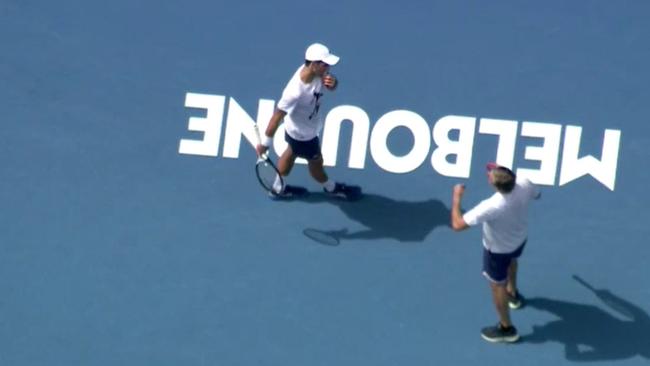 An aerial shot of Novak Djokovic practising on Rod Laver Arena with coach Goran Ivanisevic. Picture: Twitter