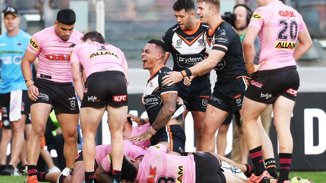 Ken Maumalo of the Tigers celebrates a try (Photo by Matt King/Getty Images)