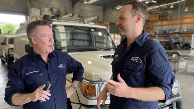 Powerlink Queensland chief executive Paul Simshauser talks about job numbers and timeframes of the Copperstring project with employee Chris Garlick. Picture: Chris Burns