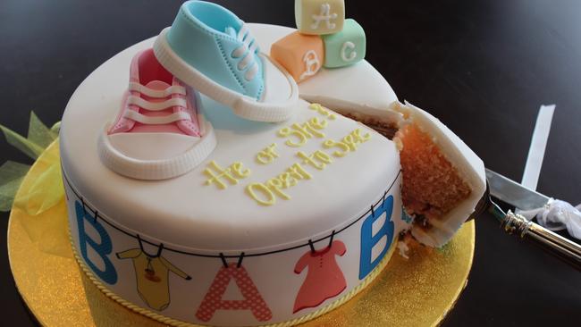 Nikos Quality Cakes in Oakleigh make a special gender reveal cake.