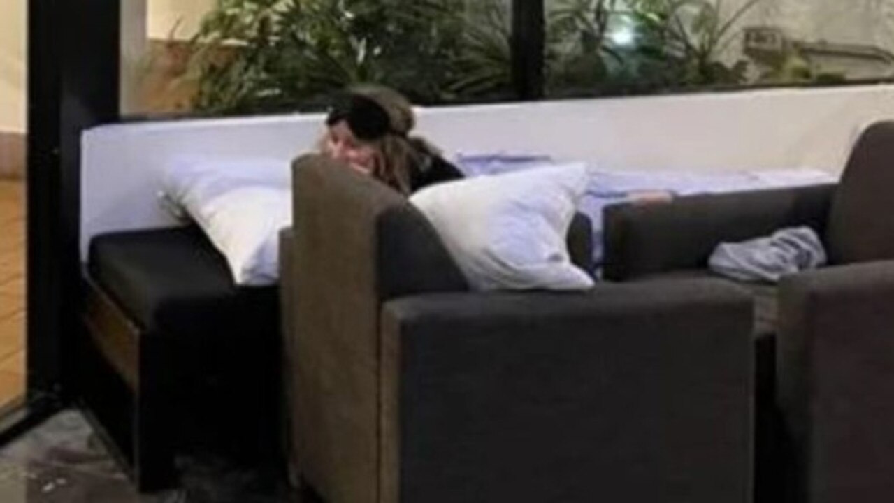 The travellers were forced to sleep in the hotel's lobby.