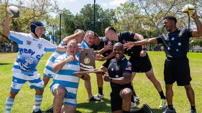 Stray Cats Peter 'Wongy' Wong, Heath 'Gucci' Thompson, Mark 'Gunner' Owens, Allan 'Yorock' Hunt and Captain Pierre Sajous, Captain Josiah Marlow, Sgt Chavon Williams, Cpl Kevin Palacios as the Stray Cats will take on the US Marines in their annual 9/11 memorial rugby game. Picture: Pema Tamang Pakhrin