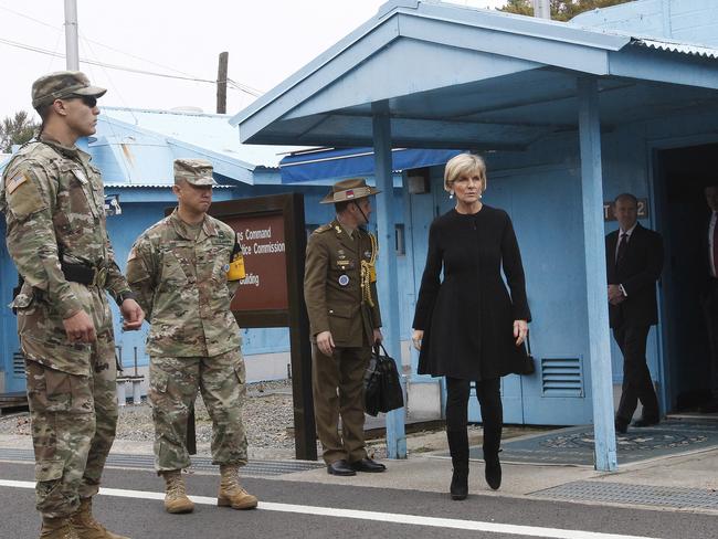 Australian Foreign Minister Julie Bishop comes out from the Neutral Nations Supervisory Commission room at the border village of Panmunjom in Paju, South Korea yesterday. Picture: Ahn Young-join/AP