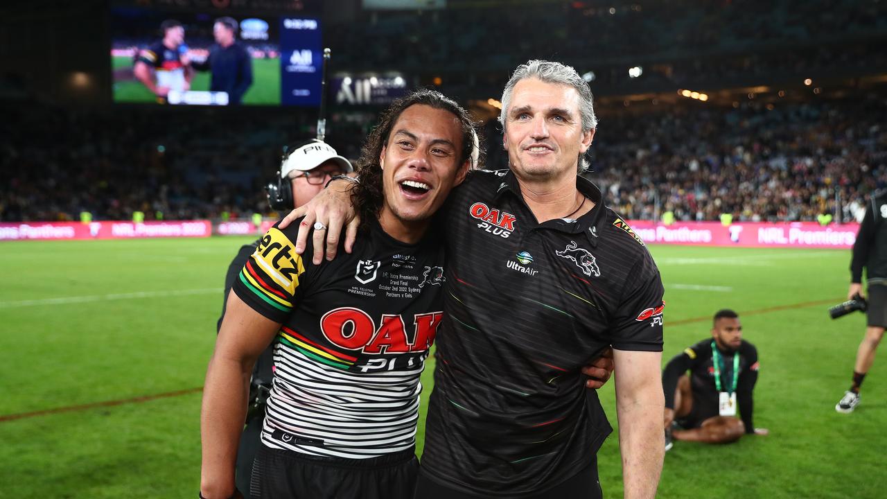 NRL 2022 GF Penrith Panthers v Parramatta Eels - Jarome Luai, Ivan Cleary , celebrates victory. Picture: NRL Photos