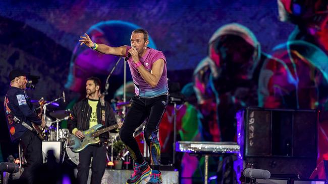 Chris Martin (right) with his bandmates in British rock act Coldplay, which will play two exclusive shows in Perth on November 18 and 19, 2023. Picture: Ole Jensen/Getty Images