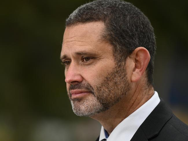 ADELAIDE, AUSTRALIA - NewsWire Photos August 1, 2023: Industrial Relations Minister Kyam Maher speaking at  a press conference in Victoria Square in regards to banning uncontrolled cutting of engineered stone. Picture: NCA NewsWire / Naomi Jellicoe