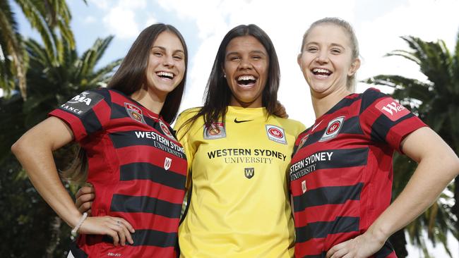 Wanderers W-League players celebrated the men’s team making the final. Midfielder Eliza Ammendolia, Jada Whyman and midfielder Linda O'Neill. Picture: David Swift