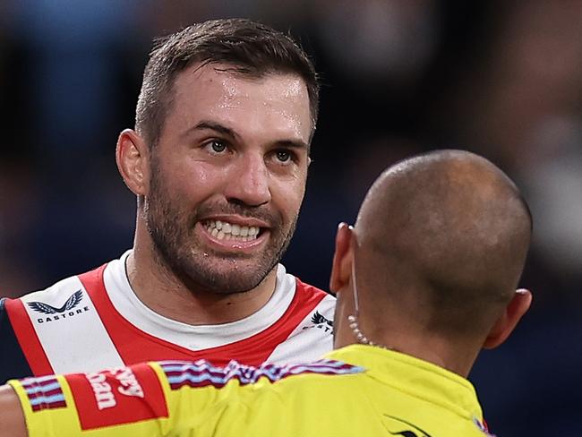 SYDNEY, AUSTRALIA - JUNE 25: James Tedesco of the Roosters speaks with the referee during the round 17 NRL match between the Sydney Roosters and Canberra Raiders at Allianz Stadium on June 25, 2023 in Sydney, Australia. (Photo by Cameron Spencer/Getty Images)