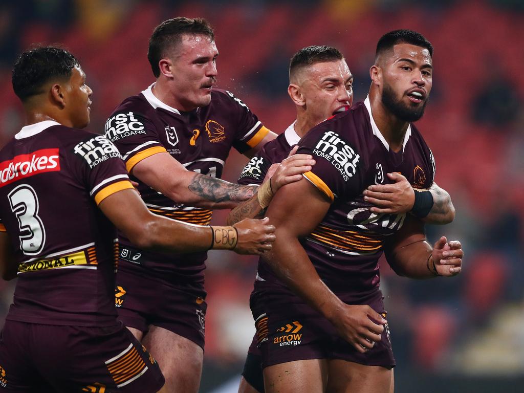 Jamayne Isaako of the Dolphins celebrates a try during the NRL Round 12  match between the Redcliffe Dolphins and the Melbourne Storm at Suncorp  Stadium in Brisbane, Saturday, May 20, 2023. (AAP