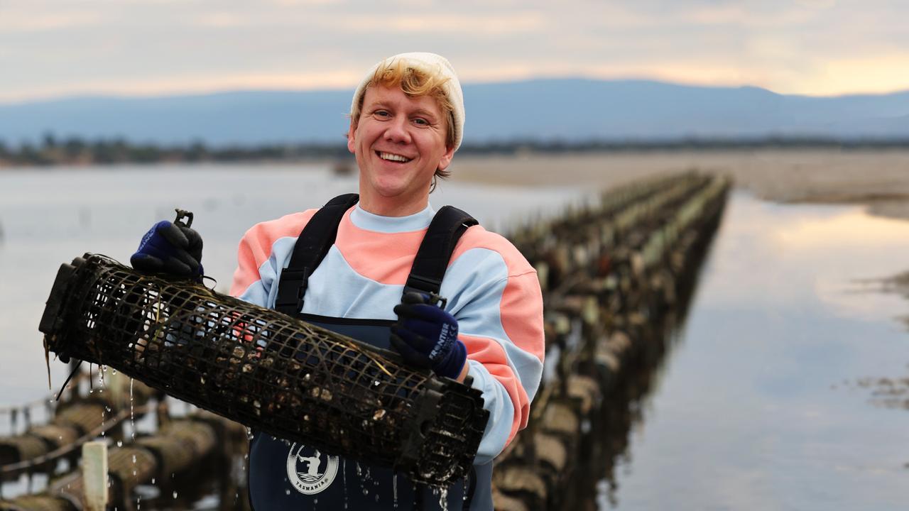 Josh Thomas as an Oyster Organiser in Tasmania. Tourism Tasmania has launched a playful new initiative, Odd Jobs, encouraging Australians to take a break from their day jobs for a one-of-a-kind Tasmanian Odd Job experience this winter. Picture: Tourism Tasmania