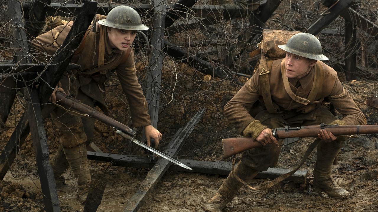 Dean-Charles Chapman and George MacKay anchor Sam Mendes’ ambitious war film. Picture: Francois Duhamel/Universal Pictures via AP