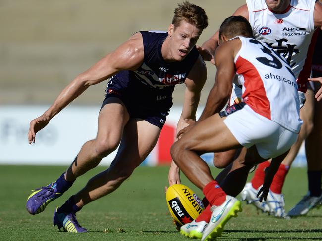 Fremantle's Matt Taberner looked comfortable inside forward 50. Picture: Daniel Wilkins