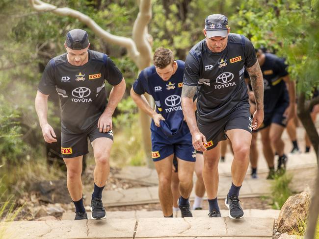 Chad Townsend and Kyle Feldt during the Cowboys pre-season training session on Castle Hill. Picture: Cowboys Media